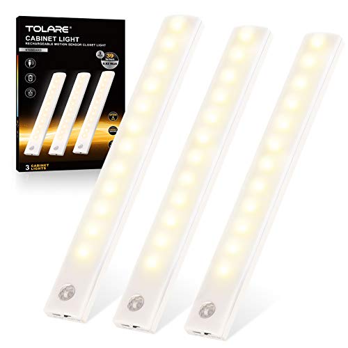 Tolare Luz LED Con Sensor De Movimiento Y Banda Magnética, Luz Armario Recargable De Gabinete Por USB 12 LEDs, Para Habitaciones De Niños, Dormitorios, Escaleras, Armarios - Blanco Cálido (3 Pack)