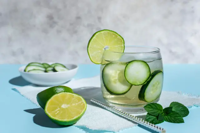 Imagen de una infusión fría de pepino y hierbas